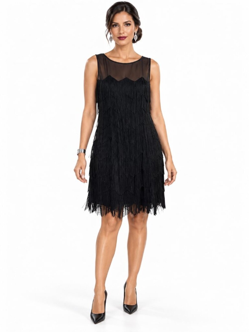 Aidan Mattox Black Fringe Cocktail Dress Size 10 Flapper Party